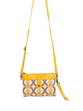 Yellow Western Patterned Crossbody Bag Canvas and Leather
